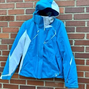 Ladies Teal White Spyder Full Zip Hooded Ski Jacket Coat Size 8